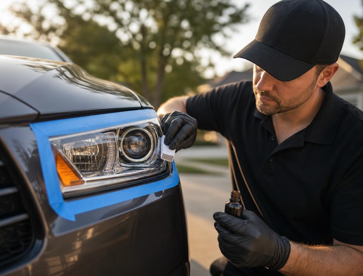 Technician applying a ceramic coating to a masked, restored headlight in a driveway